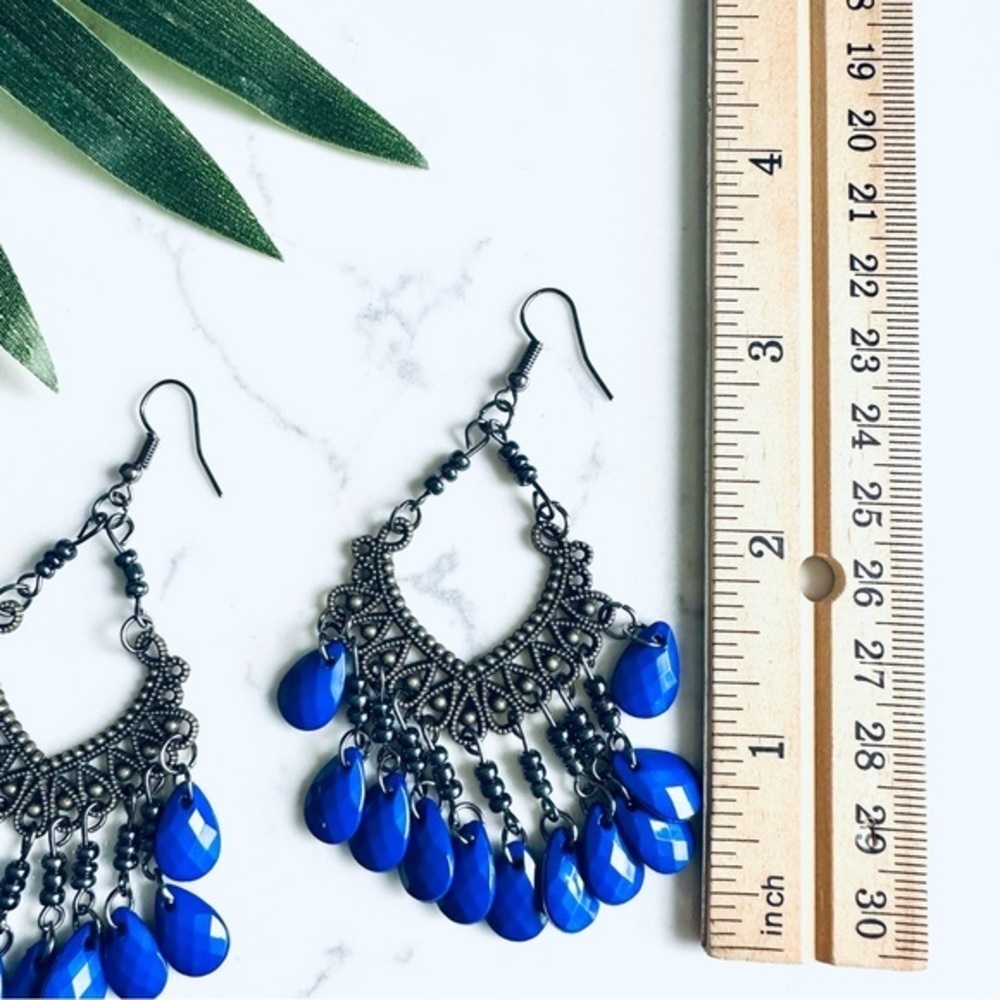 Bohemian Blue Bead Chandelier Earrings Dangle Antiqued Silver Boho Gift NEW - Picture 9 of 11
